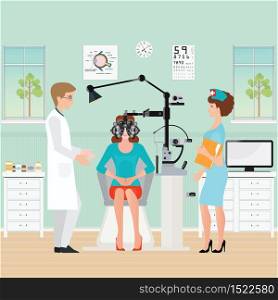 Doctor and patient at Ophthalmologist interior office with Phoropter, ophthalmic testing device machine, medical care flat design, Vector illustration.