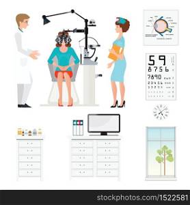 Doctor and patient at Ophthalmologist with Phoropter isolated on white, ophthalmic testing device machine , medical care flat design, Vector illustration.