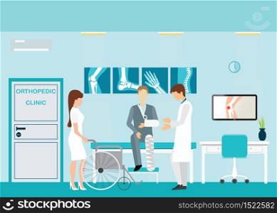 Doctor and patient at Orthopedic clinics and diagnostic centers with the skeletal spinal bone structure of Human Spine and hospital bed ,medical health care anatomy vector illustration.