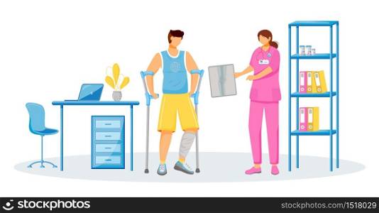 Doctor and patient flat color vector faceless characters. Rehabilitation at hospital. Man with cast on leg. Female physician at clinic. Healthcare treatment isolated cartoon illustration