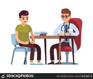Doctor and patient in hospital office. Young people at medic desk on consults, vector medical clinic concept. Doctor and patient in hospital office. People at medic desk on consults, vector medical clinic concept