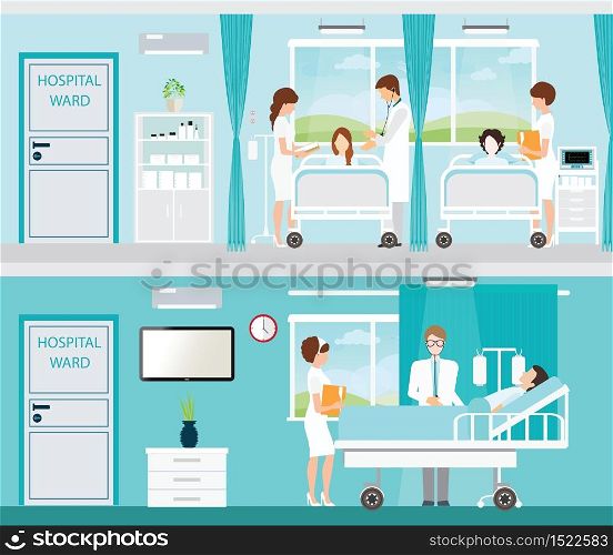 Doctor and patient in Hospital room with beds and comfortable medical equipped in a modern hospital, interior vector illustration.