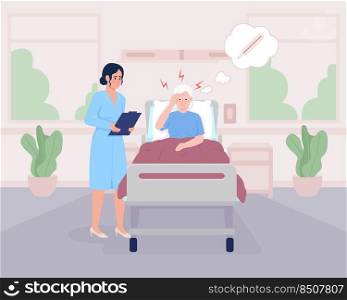 Doctor and patient with high temperature flat color vector illustration. Fever and headache. Healthcare. Fully editable 2D simple cartoon characters with Hospital interior on background. Doctor and patient with high temperature flat color vector illustration