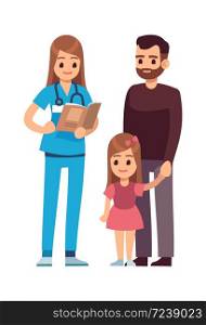 Doctor and patients. Female doctor pediatrician with stethoscope and patient child girl and her father standing. Hospital, clinic medicine consult healthcare concept. Doctor and patients. Female doctor pediatrician and patient child girl and her father standing. Hospital, clinic healthcare concept