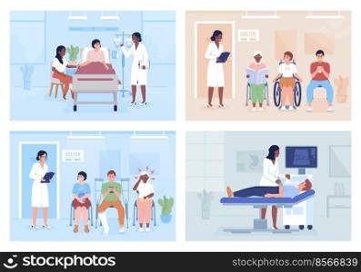 Doctor and patients in hospital flat color vector illustrations set. Healthcare services. Fully editable 2D simple cartoon characters with interior on background collection. Bebas Neue font used. Doctor and patients in hospital flat color vector illustrations set