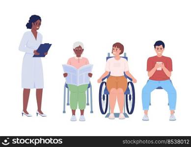Doctor and patients queue semi flat color vector characters. Editable figures. Full body people on white. Appointment simple cartoon style illustrations for web graphic design and animation. Doctor and patients queue semi flat color vector characters