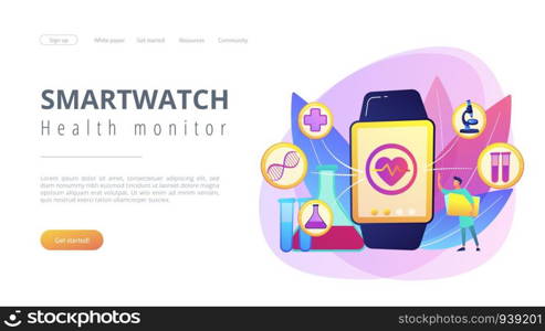 Doctor and smartwatch with heart and medical icons. Smartwatch health tracker and health monitor, activity tracking concept on white background. Website vibrant violet landing web page template.. Smartwatch health tracker concept landing page.