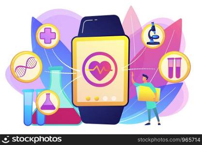 Doctor and smartwatch with heart and medical icons. Smartwatch health tracker and health monitor, activity tracking concept on white background. Bright vibrant violet vector isolated illustration. Smartwatch health tracker concept vector illustration.