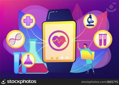 Doctor and smartwatch with heart and medical icons. Smartwatch health tracker, health monitor, activity tracking concept on ultraviolet background. Bright vibrant violet vector isolated illustration. Smartwatch health tracker concept vector illustration.