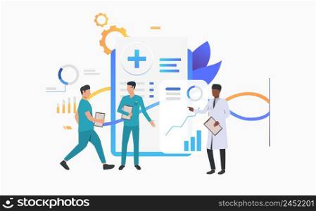 Doctor and technicians discussing medical record vector illustration. Medical center, clinic, medical research. Healthcare concept. Creative design for layouts, web pages, banners