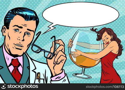 doctor and woman alcoholic. Comic book cartoon pop art retro vector illustration drawing. doctor and woman alcoholic