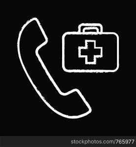 Doctor appointment chalk icon. Call ambulance. Emergency call. Handset with first aid kit. Isolated vector chalkboard illustration. Doctor appointment chalk icon