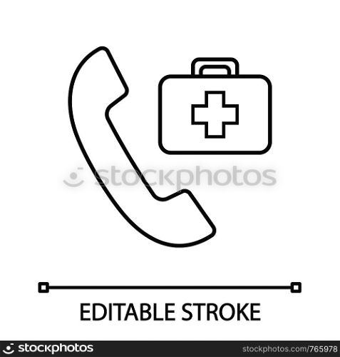 Doctor appointment linear icon. Call ambulance. Thin line illustration. Emergency call. Handset with first aid kit. Contour symbol. Vector isolated outline drawing. Editable stroke. Doctor appointment linear icon