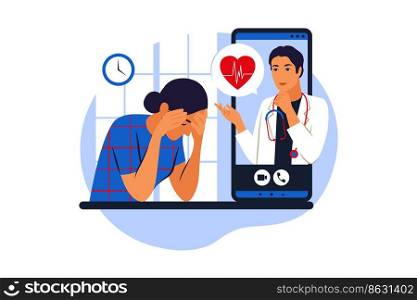 Doctor appointment. Online consultation. Modern healthcare technologies. Mobile application. Woman talking with male doctor on smartphones screen. Vector illustration. Flat.