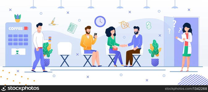 Doctor Appointment Turn Hospital. Vector Flat. Patients Waiting Visit Doctor. Guy with Coffee, Bearded Guy with Smartphone, Couple Holding Hands. Woman Doctor Smiles Invites Next Patient. Doctor Appointment Turn Hospital. Vector Flat