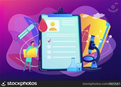 Doctor at clipboard, syringe with blood drop. AIDS, immunodeficiency virus infection and immune deficiency concept on ultraviolet background. Bright vibrant violet vector isolated illustration. AIDS concept vector illustration.
