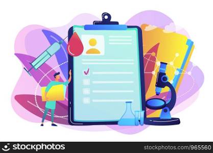 Doctor at clipboard with data, syringe with blood drop. AIDS, immunodeficiency virus infection and immune deficiency concept on white background. Bright vibrant violet vector isolated illustration. AIDS concept vector illustration.
