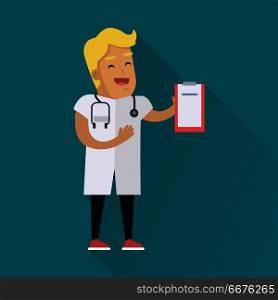 Doctor at work illustration. Vector in flat style design. Medical icon. Smiling male character in white gown showing with stethoscope and medical history. On blue background with shadow. Doctor at Work Vector Flat Style Illustration. Doctor at Work Vector Flat Style Illustration