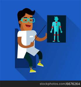 Doctor at Work Vector Flat Style Illustration. Doctor at work illustration. Vector in flat style design. Medical Lecture. Smiling male character in white gown showing with pointer on sick human figure picture. On blue background with shadow. Doctor at Work Vector Flat Style Illustration