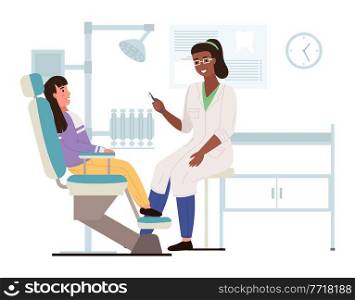Doctor brushes child s teeth with toothbrush. Girl and dentist in dental office. Medical service for kids, health care. Teeth treatment vector illustration. Patient at the appointment with a doctor. Doctor brushes the child s teeth with a toothbrush. Girl and dentist in the dental office