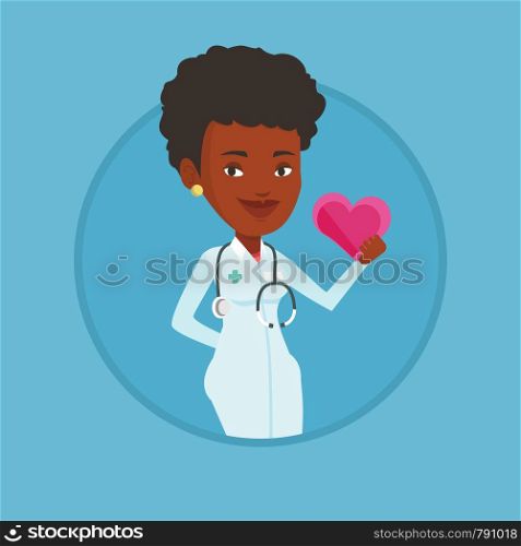 Doctor cardiologist with heart in hand. Doctor cardiologist holding heart. Concept of healthcare and prevention of heart problems. Vector flat design illustration in the circle isolated on background.. Doctor cardiologist holding heart.