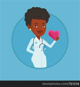 Doctor cardiologist with heart in hand. Doctor cardiologist holding heart. Concept of healthcare and prevention of heart problems. Vector flat design illustration in the circle isolated on background.. Doctor cardiologist holding heart.