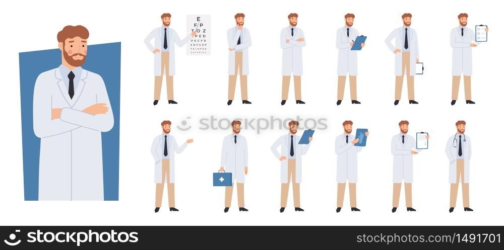 Doctor character in different poses. Doctors checklist, eye test and health care professional, radiologist and therapist vector set. Doctor professional, practitioner character illustration. Doctor character in different poses. Doctors checklist, eye test and health care professional, radiologist and therapist vector set