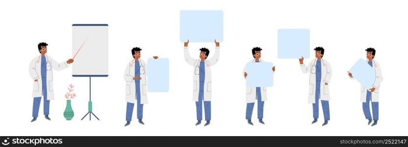 Doctor character make presentation and hold empty banners. Vector flat illustration of medical specialist work in hospital or health clinic. Man in uniform with stethoscope and blank posters. Doctor make presentation and hold empty banners