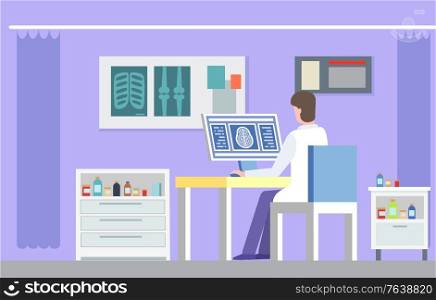 Doctor character sitting in x-ray cabinet and researching scan of bones, nightstands with drug. Medical technology radiography, patient treatment vector. Radiography Technology, Doctor and X-ray Vector