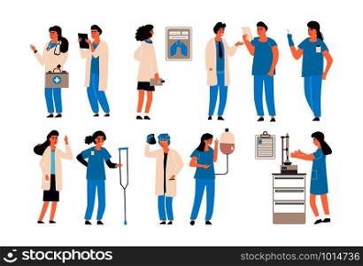 Doctor characters. Cartoon trendy hand draw male and female hospital staff, people dressed in professional clothes. Vector isolated set professionals medical worker team in hospital. Doctor characters. Cartoon trendy hand draw male and female hospital staff, people dressed in professional clothes. Vector set