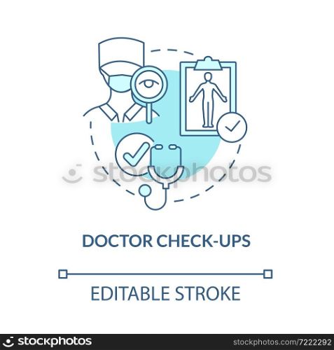 Doctor check ups blue concept icon. Risk of arthritis reduction abstract idea thin line illustration. Physical examination. Medical inspection. Vector isolated outline color drawing. Editable stroke. Doctor check ups blue concept icon