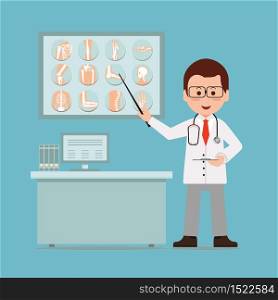 Doctor checking and pointing at broken bones of x-ray film. Radiography of human or patient skeleton,medical healthcare flat design vector illustration.