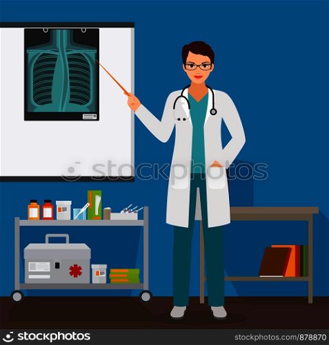 Doctor checking lungs x-ray film in hospital, vector illustration. Doctor checking lungs x-ray film