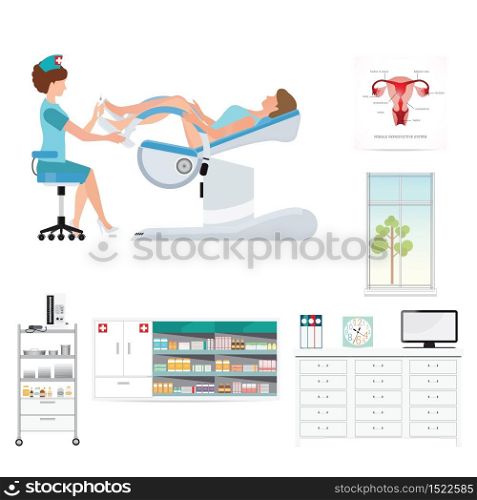 Doctor checking patient on Gynecological chair in gynecological room, health care and medical conceptual vector illustration.