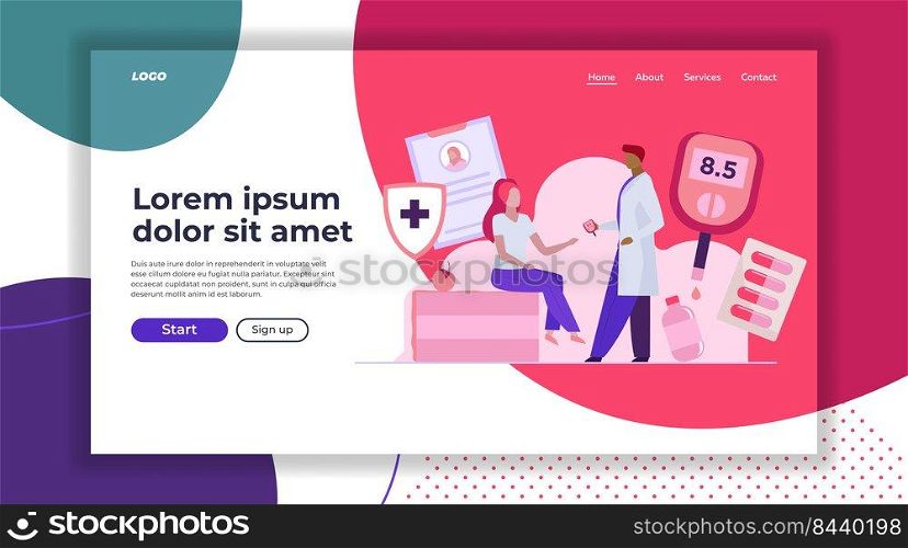 Doctor checking woman blood sugar level. Female patient sitting in endocrinologist cabinet flat vector illustration. Diabetes, health screening concept for banner, website design or landing web page