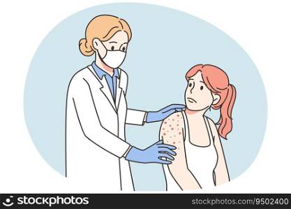 Doctor checking woman with red pimples on body. Nurse examine female patient with rash on shoulder. Monkeypox or smallpox virus. Vector illustration.. Doctor examine patient with red rash