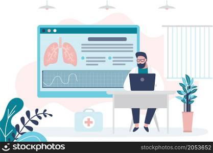 Doctor checks lung condition report on computer. Pulmonologist examines respiratory system for disease. Concept of pulmonology and healthcare. Medical worker sits at workplace.Flat vector illustration. Doctor checks lung condition report on computer. Pulmonologist examines respiratory system for disease. Concept of pulmonology and healthcare