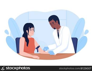 Doctor collecting patient blood s&le from vein 2D vector isolated illustration. Medical tests flat characters on cartoon background. Clinic colourful scene for mobile, website, presentation. Doctor collecting patient blood s&le from vein 2D vector isolated illustration