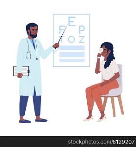 Doctor conducting vision exam semi flat color vector characters. Posing figures. Full body people on white. Simple cartoon style illustration for web graphic design and animation. Comfortaa font used. Doctor conducting vision checkup semi flat color vector characters