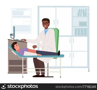 Doctor conducts an ultrasound of patient s abdominal cavity. Boy with doctor in medical office. Gastroenterologist examines the state of health of a young guy. Physician works with special equipment. Doctor conducts an ultrasound of the patient s abdominal cavity. Boy with doctor in medical office