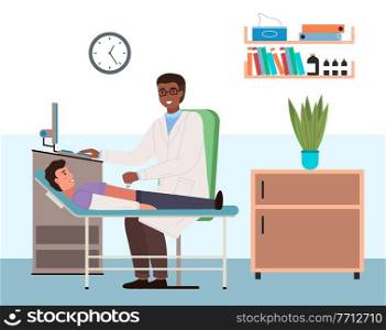 Doctor conducts an ultrasound of patient s abdominal cavity. Gastroenterologist examines the state of health. Physician works with special equipment. People in the office of a gastroenterologist. Doctor conducts an ultrasound of the patient. People in the office of a gastroenterologist