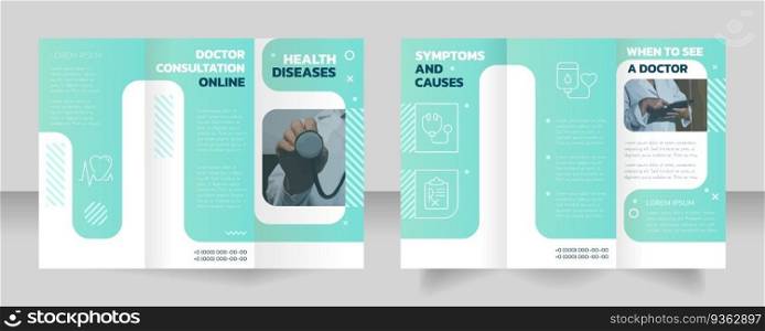 Doctor consultation online trifold brochure template with photo. Medical help. Z fold leaflet set with copy space for text. Editable 3 panel flyers. Kanit Bold, Josefin Sans Regular fonts used. Doctor consultation online trifold brochure template with photo