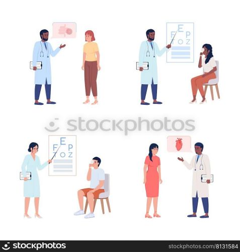 Doctor consultation semi flat color vector characters set. Standing figures. Full body people on white. Simple cartoon style illustration for web graphic design and animation pack. Comfortaa font used. Doctor consultation semi flat color vector characters set