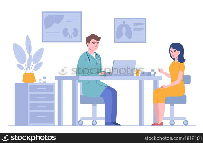 Doctor consultation. Therapist with female patient in clinical office, medical examination, workplace, professional talk labout health in hospital vector concept. Doctor consultation. Therapist with female patient in clinical office, medical examination, workplace, professional talk. Vector concept