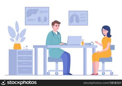 Doctor consultation. Therapist with female patient in clinical office, medical examination, workplace, professional talk labout health in hospital vector concept. Doctor consultation. Therapist with female patient in clinical office, medical examination, workplace, professional talk. Vector concept