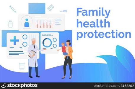 Doctor consulting mother with child vector illustration. Pediatrician, healthcare, clinic. Family health protection concept. Creative design for presentations, templates, banners