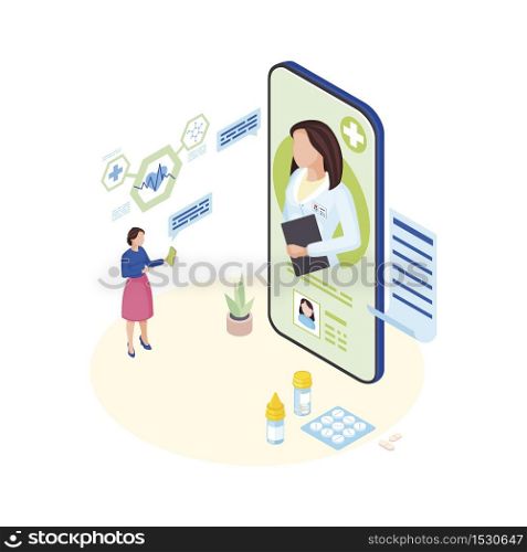 Doctor consulting online isometric illustration. Ill patient explaining symptoms to remote medical specialist cartoon character. Female general practitioner video conference with sick client