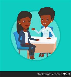 Doctor consulting patient in office. Doctor talking to patient. Doctor communicating with patient about her state of health. Vector flat design illustration in the circle isolated on background.. Doctor consulting female patient in office.
