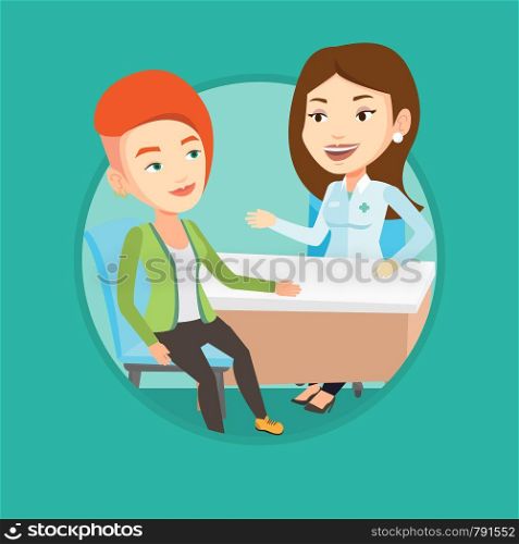 Doctor consulting patient in office. Doctor talking to patient. Doctor communicating with female patient about her state of health. Vector flat design illustration in the circle isolated on background. Doctor consulting female patient in office.