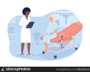 Doctor consulting pregnant woman 2D vector isolated illustration. Prenatal care flat characters on cartoon background. Hospital colourful editable scene for mobile, website, presentation. Doctor consulting pregnant woman 2D vector isolated illustration